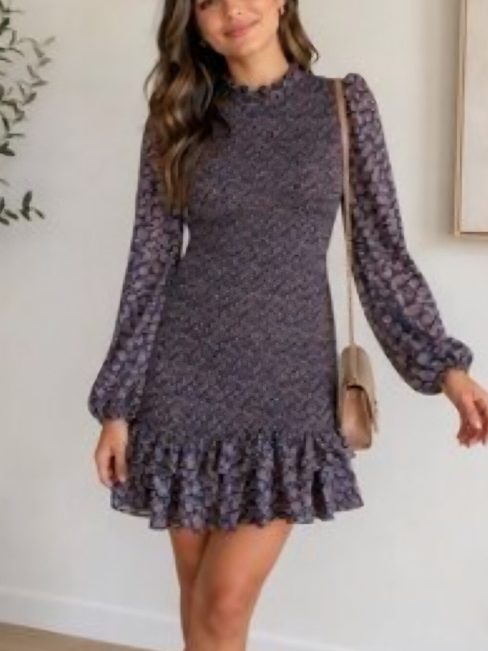 Dress Forum Navy and Tan Floral Smocked Ruffle Dress